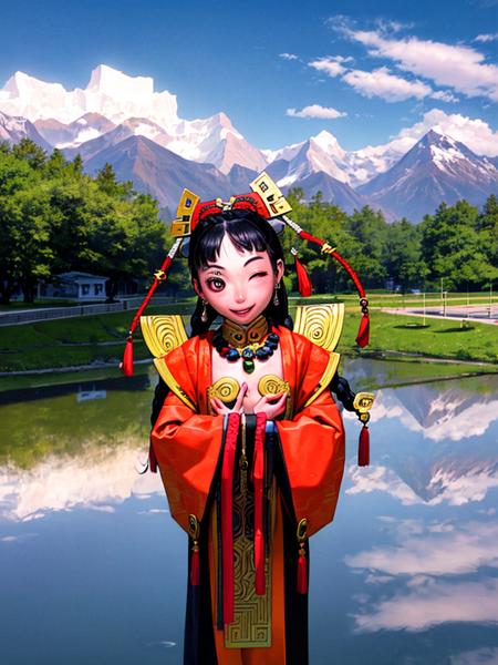 masterpiece, best quality, hands on hips, ((one eye closed|smile):1.3), lotus, 1girl, bead necklace, beads, black hair, braid, chinese clothes, earrings, hair ornament, jewelry, long hair, long sleeves, necklace, solo, tassel, full body, wide sleeves, sky, mountain, lake  <lora:Rangemurata:1>