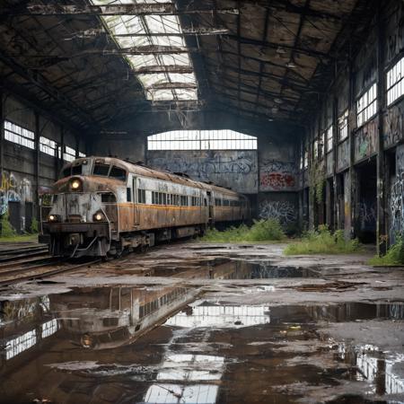 abandoned train depot with leaking roof, large puddles on the cracked concrete floor, rusted electric locomotives from the 1970s covered in dust and graffiti, wet metal surfaces reflecting dim natural light, broken overhead lighting, shattered windows letting in grey daylight, overgrown vegetation creeping inside, photorealistic, high detail, moody atmosphere, water dripping from ceiling, cinematic composition, ultra-realistic, 35mm lens, depth of field, wet surfaces, HDR, sharp textures, damp smell vibe