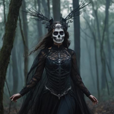 The Skeleton young Witch, flying, epoxy_skull, amidst a black swirling vortex in a dark, mystical forest. A beautiful woman with long hair stands, her figure draped in skeletal armor and an ethereal dress, engulfed by the swirling darkness. The scene is intensely cinematic, dominated by deep shadows pierced by subtle hints of light, crafting a dramatic interplay of darkness and luminescence. Wind, intensified to 1.2, weaves through the trees, enhancing her enigmatic silhouette, now surrounded by black smoke and the eye of a storm. Close-up on her sad expression, amidst sparkling embers and a billowing long piece of cloth, with a faint (intensity:0.5) hint of a Skeleton mask,