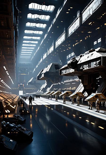 Photograph of a vast Imperial hangar filled with a diverse array of Imperial army units, including Stormtroopers, Imperial soldiers, combat droids, TIE fighter pilots, and massive war machines. Soldiers stand in formation alongside various droid units, while sleek TIE fighters and other advanced Imperial aircraft are parked in the background. The hangar is a colossal, industrial space with towering walls, overhead catwalks, and massive bay doors. Imperial officers oversee the preparation as the units parade their strength and readiness for an upcoming battle. The scene is charged with disciplined order, where every detail, from the polished armor of the soldiers to the cold, mechanical precision of the droids, is meticulously displayed. The lighting is dramatic, casting sharp contrasts between the dark, shadowed areas of the hangar and the gleaming surfaces of the soldiers and machines. The background is rich with intricate details like cargo lifts, maintenance equipment, and large-scale transport ships. High resolution with an emphasis on the small, detailed elements of the soldiers, droids, aircraft, and surrounding environment, creating an immersive, epic depiction of Imperial might on full display.