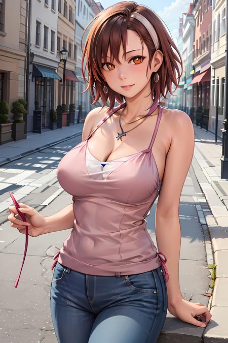 masterpiece, (best quality), 1woman,1girl , yuzusmt, orange hair, orange brown eyes,      (from the front), short hair, camisole, bare shoulders,    jeans, jewelry, necklace,   large breasts, sexy woman,    , adult,  elegant, vibrant colors ,natural lighting  ,RTX,  beautiful, (detailed face:1.2), showcase, (perfect eyes:1.1) , (perfect pupils), (photorealistic:1.1), 8k uhd,  looking at viewer,  park outdoors,  simple backround,