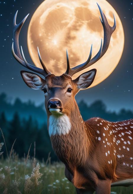 close-up beautiful deer with bright plume, bright white dot on the deer's fur, moon illuminating the meadow, soft and luxurious texture with detailed details, rich and detailed colors, detail, night background, 8k, ultra sharp, ultra detailed, perfect quality , raw artwork, intricate details, super clean wallpaper with vibrant colors, art by Liam Wong