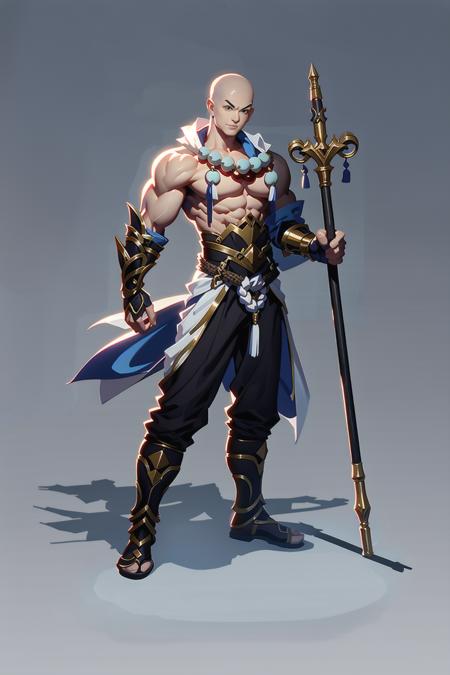 Game Characters, East Asian Original Art Character Design, Male Focus, Solo, 1boy, Muscular, Muscular Male, Pectorals, Abs, Weapon, Full Body, Holding, Mature Male, Big Pectals, Armour, Bare Pectorals, Standing, Sandals, Gloves, Short Hair, Looking at the Audience, Rod Arm, Bald Head, Staff Arm Armor, White Pants, Rope, Gray Apron, Metal Trimr<lora:CG Game charactersV2:1>