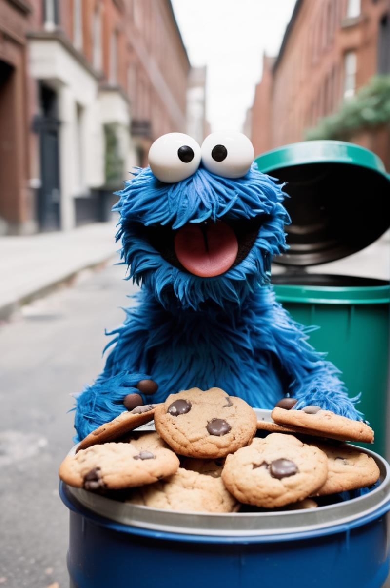 Cookie Monster with a plate of cookies.