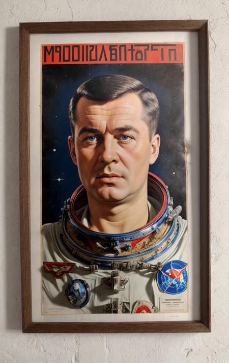 (masterpiece)+, (best quality)+, (Intricate detail)+, 1960's russian cosmonaut headshot propaganda poster, done in soviet style, slightly faded, on a dusty wall