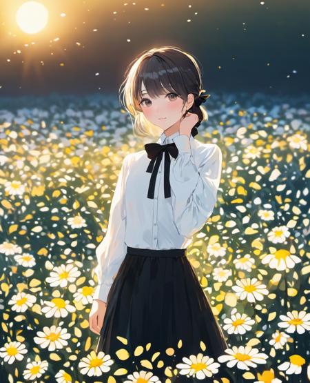 a young woman dressed in a white shirt and a black skirt, standing in a field of flowers. She is wearing a black bow tie and has a flower in her hair. The scene is set during sunset, creating a serene and picturesque atmosphere, masterpiece, best quality, cinematic composition, best lighting