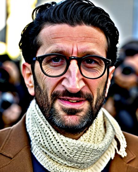 (Fares Fares:0.8) (Fares_Fares_SD15_v2-012:0.92) man, portrait photo front view, on a movie premiere, happy, messy medium length hair, 50 y.o, scarf, glasses, skin detail, natural lighting sunlight, 4k uhd, dslr, soft light, high quality, Fujifilm XT3, long beard, closed mouth, lips, (beautiful eyes, iris, pupil:1.1), face birthmark