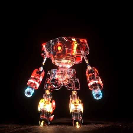 a (shineglasscd, neon lights, light particles, colorful:1.3, gradient, chromatic aberration) (cut:1.3) mini robot, standing, (solo:1.2), <lora:shineglasscd-000027:0.8>, no humans, high quality, masterpiece, realistic, photorealistic, (dark background, lens flare, blurry, dof, full body)