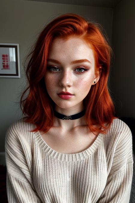 raw photo, (18yo redhead girl:1.2), makeup, graphic eyeliner, rouge, (choker:0.9), realistic skin texture, oversize knit sweater, (red:0.8), softcore, warm lighting, cosy atmosphere, instagram style, <lora:more_details:1>