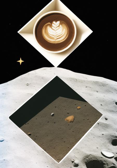 collage style coffee on the lunar surface, geometric