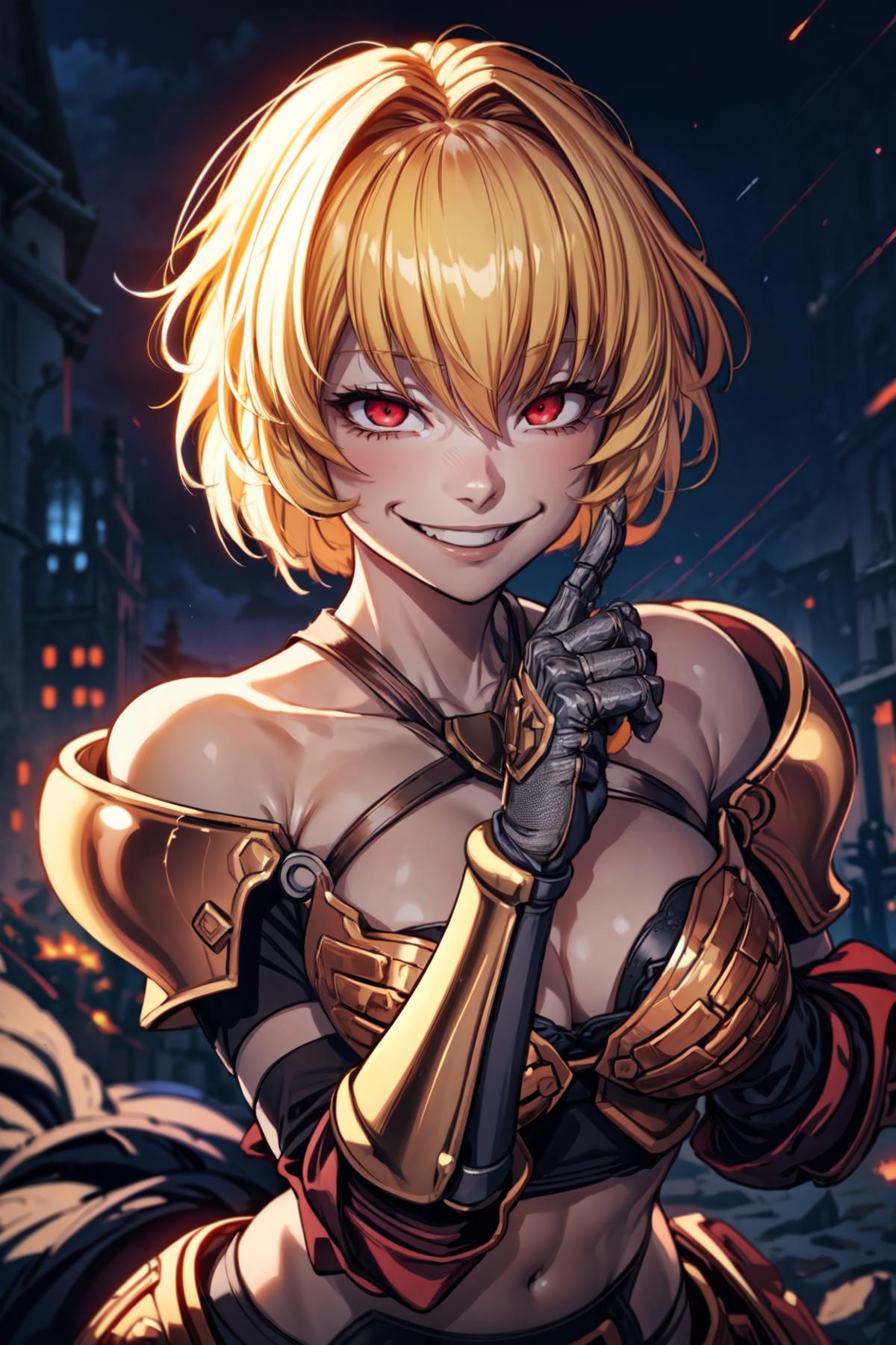 A cartoon image of a woman with blonde hair, wearing gold armor, giving a thumbs up.