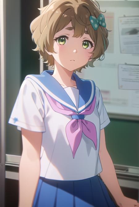 sapphirekawashima, <lora:sapphire kawashima s2-lora-nochekaiser:1>,
sapphire kawashima, short hair, bangs, brown hair, (green eyes:1.3), bow, ahoge, hair bow, polka dot, polka dot bow,
BREAK skirt, shirt, school uniform, white shirt, short sleeves, pleated skirt, serafuku, sailor collar, blue skirt, neckerchief, blue sailor collar, school bag, pink neckerchief, kitauji high school uniform,
BREAK indoors, classroom,
BREAK looking at viewer, (cowboy shot:1.5),
BREAK <lyco:GoodHands-beta2:1>, (masterpiece:1.2), best quality, high resolution, unity 8k wallpaper, (illustration:0.8), (beautiful detailed eyes:1.6), extremely detailed face, perfect lighting, extremely detailed CG, (perfect hands, perfect anatomy),