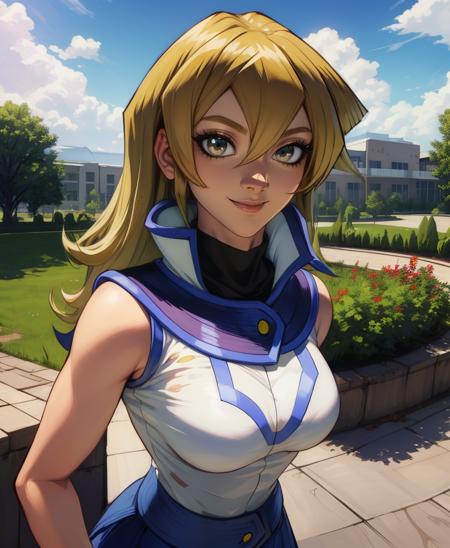 Alexis,blonde hair,brown eyes,
sleeveless,white duel academy uniform (yu-gi-oh! gx),blue miniskirt,
standing,upper body,smile,
school campus,outdoors,
(insanely detailed, beautiful detailed face,beautiful detailed eyes, masterpiece, best quality),solo,<lora:AlexisRhodes:0.8>,