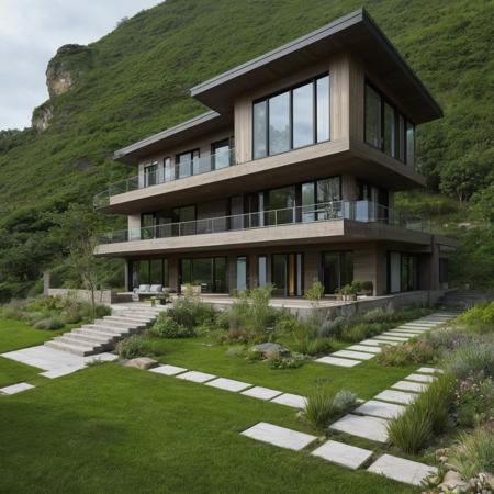 a single house on a hill, the house is entirely made of an element from the elemental table, high detail, hdr, elemental garden, complex house design
