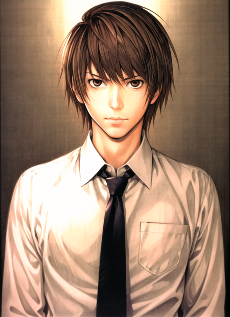 obata takeshi, masterpiece, best quality, 1boy, brown eyes, brown hair, death note, highres, looking at viewer, male focus, necktie, obata takeshi, official art, shirt, solo, yagami light
 <lora:obata_takeshi_offset:1>