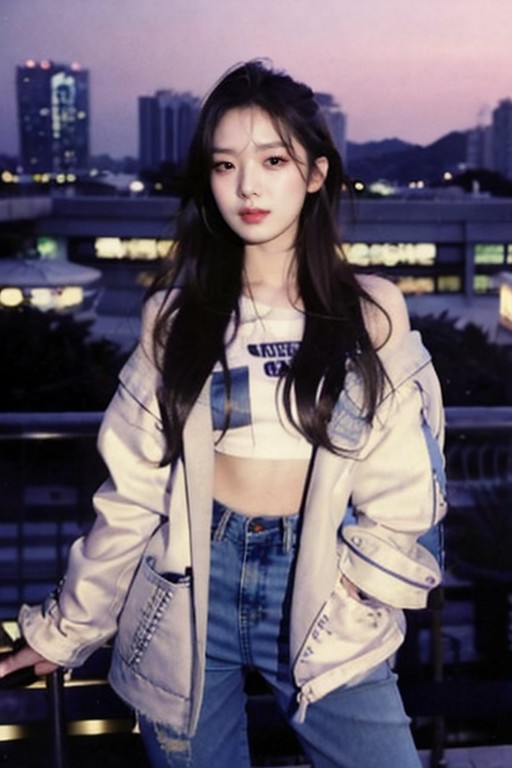 blurry,a beautiful korean idol,stylish outfit, fitted jeans, oversized jacket, fashionable accessories, (realistic detaile...