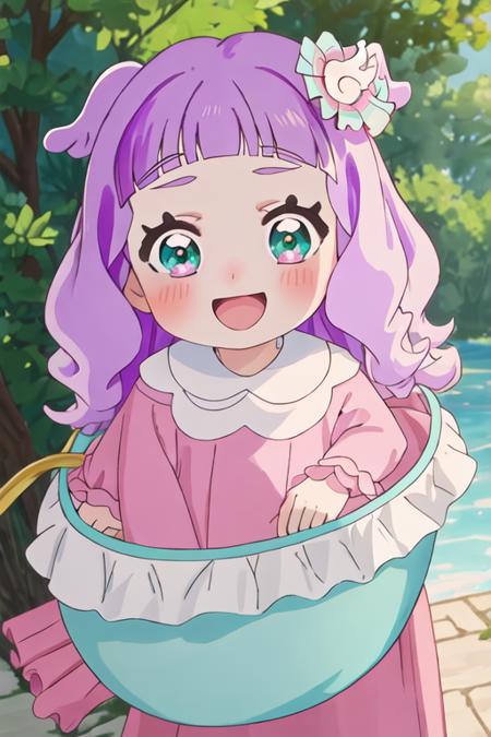 best quality, masterpiece, highres, solo, {eruchiyan_hirogaruskyprecure:1.15}, purple_hair, bangs, hair_ornament, green_eyes, blunt_bangs, open_mouth, blush, pink_hair, long_hair, multiple_girls, 2girls, hair_flower, :d, aged_down, dress, smile, aqua_eyes, long_sleeves, looking_at_viewer, child, symbol_in_eye