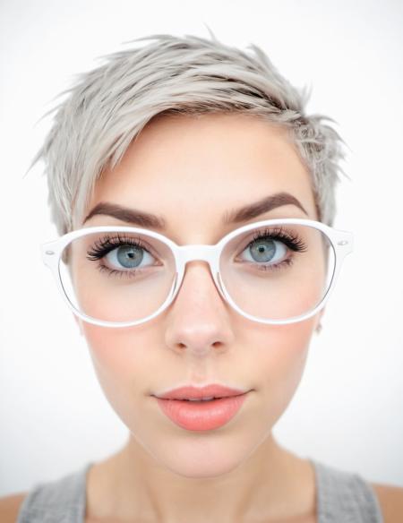 award winning photography of a young happy woman leaned forward deeply, ((duck face lips)), ((fisheye)):2, extra wide angle, wearing glasses, simple white background, detailed eyes, detailed grey eyes, eye reflection, (pixie cut:2), flat chest, sensual, seductive, natural color lips, by John Willhelm, <lora:SDXL_White_Sa_May:1> dynamic pose, view from below, ant view