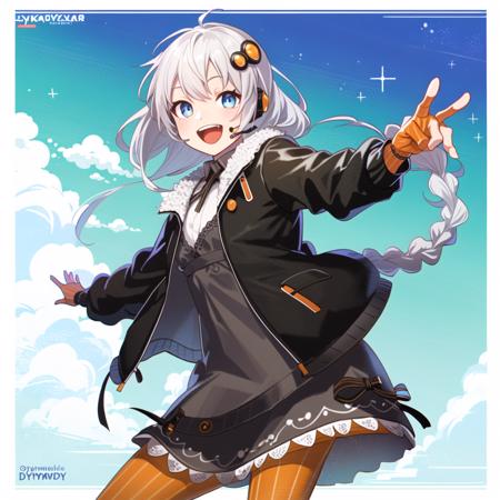 masterpiece, best quality, (1girl, solo),
kizuna akari, 1girl, solo, long hair, braid, twin braids, blue eyes, smile, hair ornament, very long hair, striped, dress, open mouth, orange pantyhose, full body, white background, orange gloves, striped gloves, vertical stripes, pantyhose, white hair, gloves, black jacket, headset, :d, jacket, standing, looking at viewer, ahoge, striped pantyhose, grey dress, black footwear, simple background, vertical-striped pantyhose, open clothes, long sleeves, star (symbol), fingerless gloves, copyright name, high heels, open jacket, shoes, character name, black dress, bangs, twintails
 <lora:KizunaAkari:0.65>
((((( outdoors,cowboy shot, dynamic pose)))))