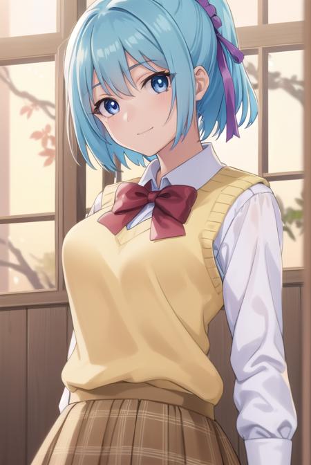 kurumukurono, <lora:kurumu kurono s2-lora-nochekaiser:1>,
kurumu kurono, short hair, blue hair, (purple eyes:1.1), ponytail, ribbon, hair ribbon, hair ornament, smile,
BREAK shirt, white shirt, long sleeves, bow, red bow, sweater vest, yellow sweater vest, skirt, plaid skirt, green skirt, socks,
BREAK indoors, classroom,
BREAK looking at viewer, (cowboy shot:1.5),
BREAK <lyco:GoodHands-beta2:1>, (masterpiece:1.2), best quality, high resolution, unity 8k wallpaper, (illustration:0.8), (beautiful detailed eyes:1.6), extremely detailed face, perfect lighting, extremely detailed CG, (perfect hands, perfect anatomy),