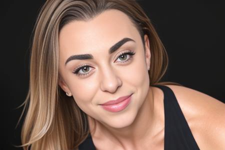 a portrait of DEN_josephine_jackson in front of a [plain black background] wearing a black tank top, collarbone, [headshot], [centre frame], looking at the camera, facing the camera,
[gentle smile closed mouth], dynamic lighting, mole above her lip on the right,
photorealistic, high detail, detailed, masterpiece, 8k, highres, flawless, colour, professional