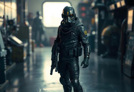 "A hyperdetailed cinematic concept art of a Science Soldier standing prominently in the foreground, dressed in a sleek black outfit with a gas mask covering its entire face. The gas mask features a distinct yellow symbol, adding a mysterious and futuristic vibe. The soldier is equipped with a belt and holds a weapon in its right hand, exuding readiness and tension. The blurred background of a Fusion Recycling Plant depicts a room with various objects and a possible window, hinting at a larger narrative. The soldier is positioned on a floor, with an isometric composition that emphasizes its dynamic action pose. Rendered in Octane and Unreal Engine 5, with 8K resolution, lifelike details, sharp lines, and stunning, harmonious colors. The scene features captivating lighting, balanced editing, and a creative angle, trending on ArtStation, CGSociety, and ArtStationHQ. Inspired by the styles of Raphael, Houdini, and Grammer Effect, with vivid emotions and a powerful message. The Science Soldier’s design showcases handcrafted precision, impeccable composition, and a sense of futuristic intrigue, evoking a narrative-driven, high-stakes atmosphere."