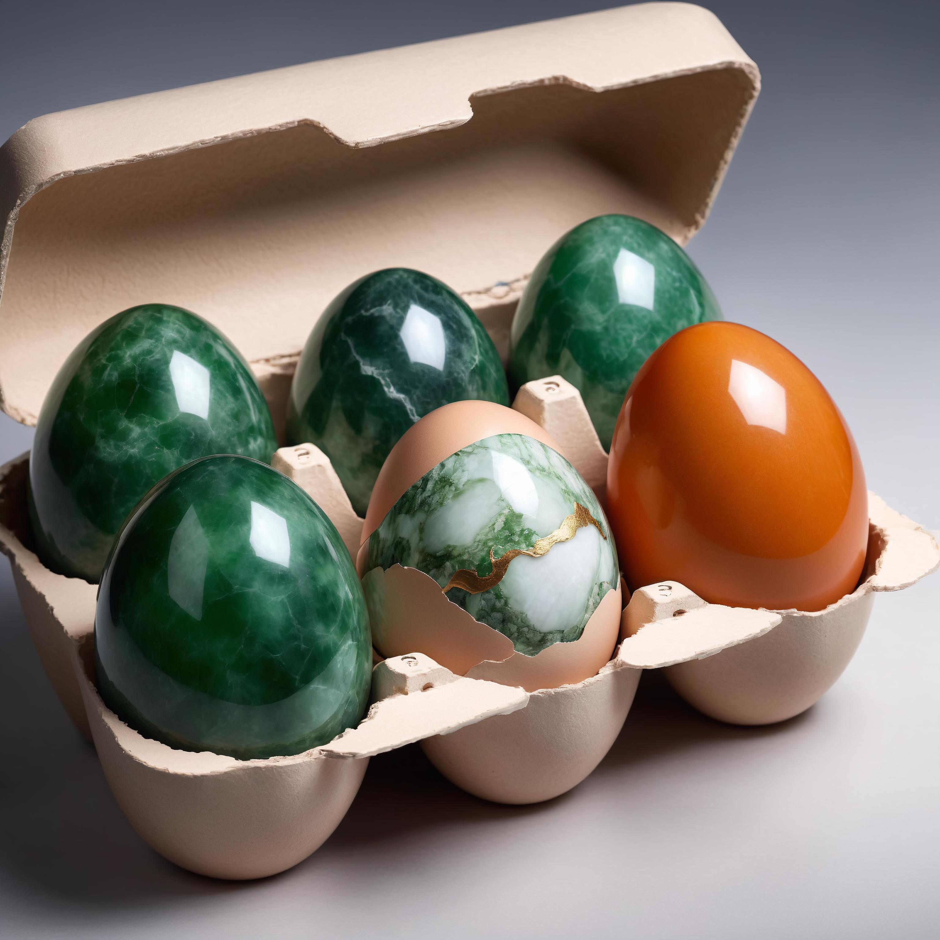 A carton of six different colored eggs, including a green egg, an orange egg, and a brown egg.