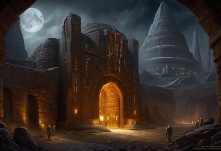 Massive ziggurat industrial complex, stone and brick, glowing magical inscriptions, energy conduits, arched doorways, buttressed walls, elevated walkways, night cityscape, distant darkness, ((golem workers)), crystal power sources, intricate details, realistic lighting, (Warforged, golems, fantasy robots)
Art. digital painting, matte painting by Syd Dutton and Robert Stromberg. architecture blend of Geomantic Architecture and Organic Architecture, with elements of Art Nouveau.
