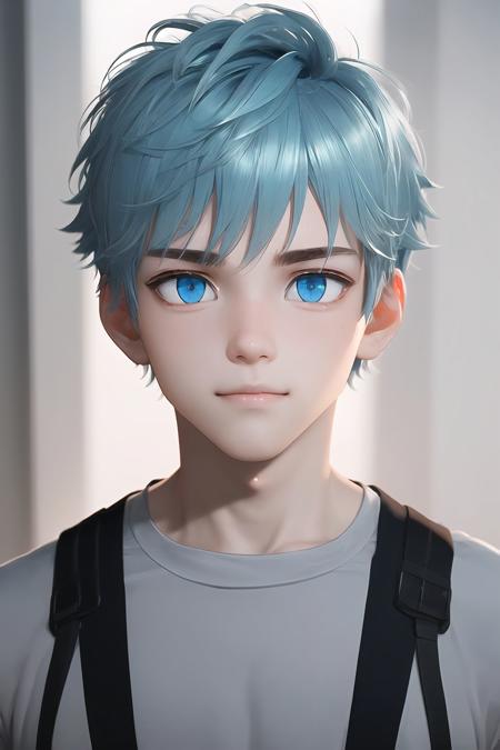 (masterpiece, sidelighting, finely detailed beautiful eyes: 1.2), masterpiece*portrait, realistic, 3d face, glowing eyes, shiny hair, lustrous skin, solo, embarassed, 1boy, cute boy, short crew cut hair, light blue hair