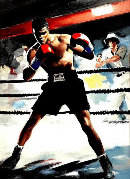 a painting, by Robert Maguire; a boxer, standing in the ring; dramatic ligting, action