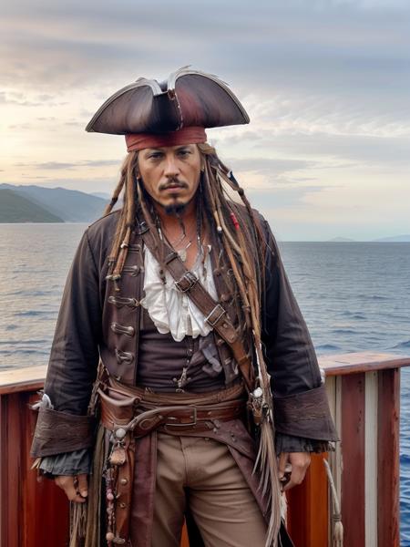 a photo of a mate on a ship,  wearing a small tricorn hat with feathers on it, pet shirt, jacket, belt, bandolier, dreads <lora:p1r4t3s_v2:0.85>