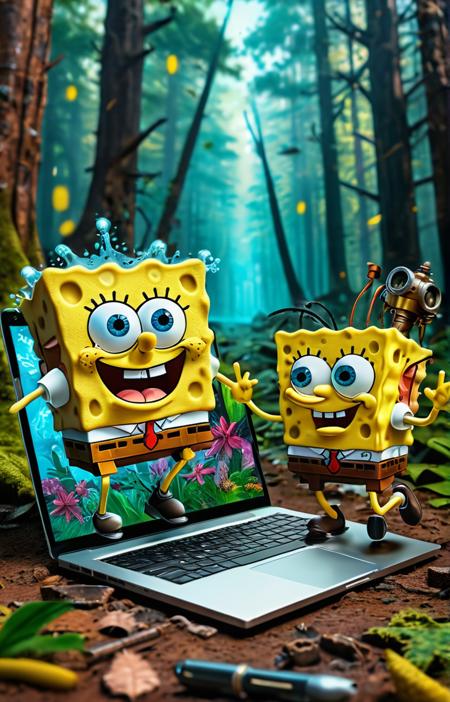 3D hologram creating steampunk Sponge Bob and Terminator running out of laptop in a colorful forest actions Smartphone ultra-realistic  4K splatter splash ink edges detailed matte painting,deep color,fantastical,intricate detail,splash screen,complementary colors,fantasy concept art