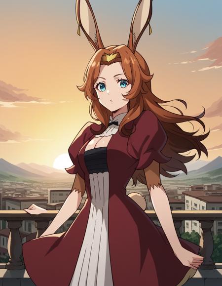 delilah, long hair, brown hair, animal ears, blue eyes, rabbit ears, medium breasts dress, cleavage, cleavage cutout, puffy sleeves, short sleeves,