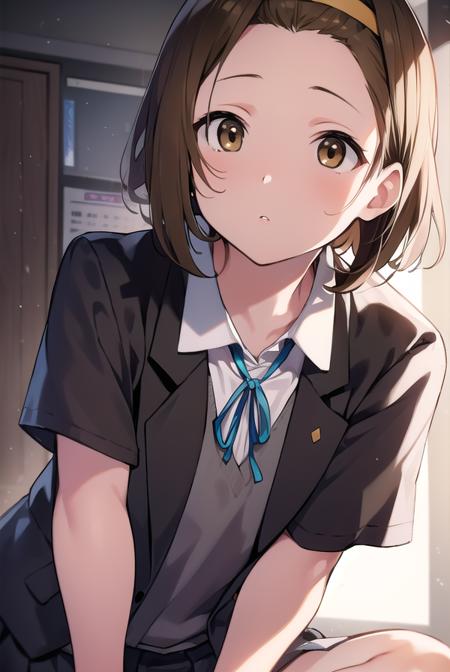 ritsutainaka, <lora:ritsutainakatest:1>, ritsu tainaka, (brown eyes:1.7), light brown hair, (forehead:1.5), hairband, short hair, (flat chest:1.2), BREAK sakuragaoka high school uniform, school uniform, BREAK looking at viewer, BREAK indoors, classroom, BREAK <lora:GoodHands-vanilla:1>, (masterpiece:1.2), best quality, high resolution, unity 8k wallpaper, (illustration:0.8), (beautiful detailed eyes:1.6), extremely detailed face, perfect lighting, extremely detailed CG, (perfect hands, perfect anatomy),