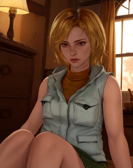 Cheryl,blonde hair,brown eyes,
vest,sleeveless,turtleneck,short skirt,
sitting,
(silent hill \(series\):0.6),indoors,
(insanely detailed, beautiful detailed face, masterpiece, best quality) cinematic lighting,<lora:Cheryl-10DBD:0.8>,