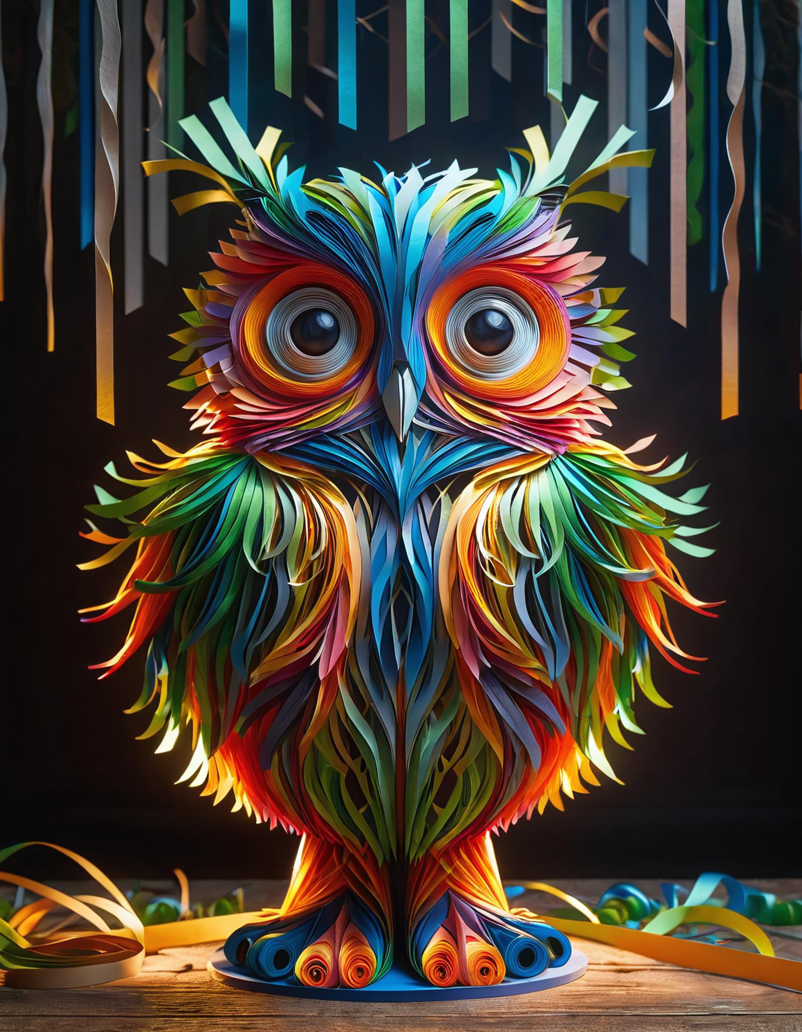 A colorful paper owl with a rainbow beak and yellow eyes.