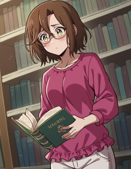 miyako taroumaru, short hair, brown hair, green eyes, hair between eyes, medium breasts, shirt, pink shirt, frilled shirt, long sleeves, pants, collarbone