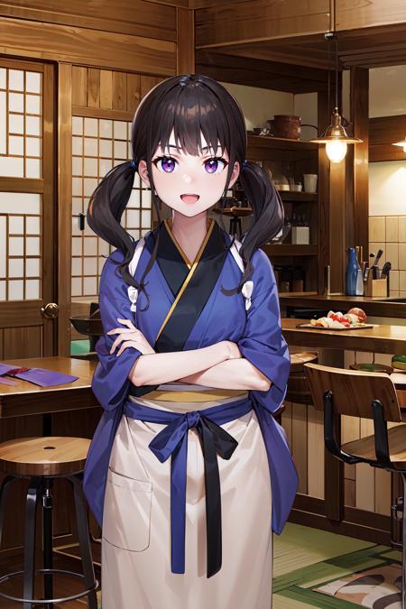 (masterpiece, best quality:1.4), looking at viewer, :d, cowboy shot, takina inoue, black hair, twintails, purple eyes, japanese clothes, blue kimono, apron, tabi, crossed arms, indoors, tatami, counter, shelf, stool, <lora:takina_inoue_v1:0.8>