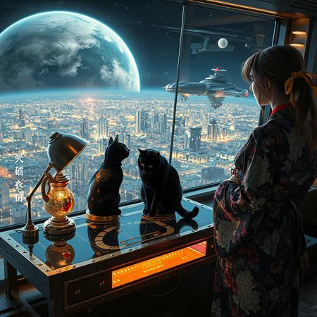 A sleek black cat with red collar sits on a cluttered metal riveted desk with transparent top and micro-LED lighted computer components visible inside, On the desk is a gold and lacquer maneki neko statue and an art deco glass and metal lamp, the Black Cat is looking out of a seamless and futuristic floor to ceiling window that looks out at a planet from low orbit, the planet is covered with the lights of enormous buildings and cities that maintain realistic scale, (((a beautiful woman, 24 years old, is standing next to the desk the cat is sitting on and looking longingly out the window, the woman is dressed in casual, but beautifully designed elegant but sexy yukata. An enormous deco starship with futuristic lighting and an enormous space station are visible in the background among the stars, The woman's hair is messy from just waking up and tied up with a ribbon.  Artistic art deco, dynamic perspective, (((overall architectural aesthetic is Art Deco Cyberpunk))).  Epic image that elicits a feeling of wonder and awe, inspired composition of a master image artist using exact proportionality and exquisite use of colors light and shadows,