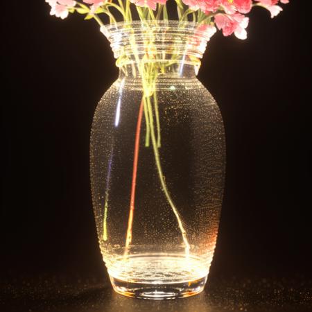 a (shineglasscd, neon lights, light particles, colorful:1.3, gradient, chromatic aberration) vase, flower inserted into the vase, (solo:1.2), <lora:shineglasscd-000027:0.7>, no humans, high quality, masterpiece, realistic, photorealistic, (dark background, lens flare, blurry, dof, full body)