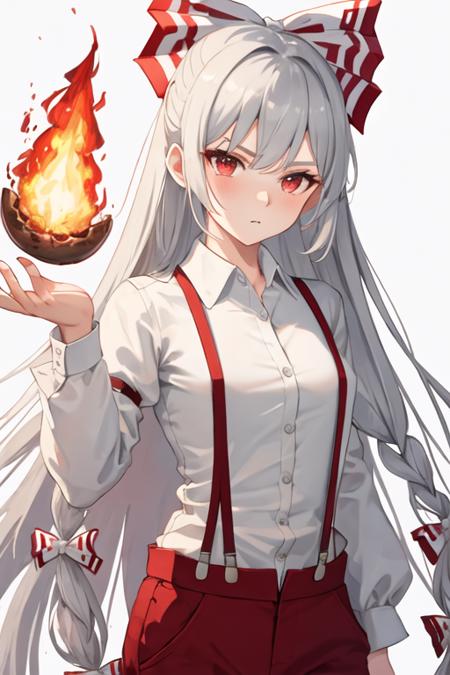 best quality, masterpiece, highres, solo, {fujiwara_no_mokou_touhou:1.15}, long_hair, bow, hair_bow, red_eyes, white_hair, suspenders, very_long_hair, bangs, white_bow, fire, hair_ribbon, 1girl, collared_shirt, long_sleeves, looking_at_viewer, pants, red_pants, shirt, simple_background, white_background, white_shirt, grey_hair, hair_between_eyes, ofuda