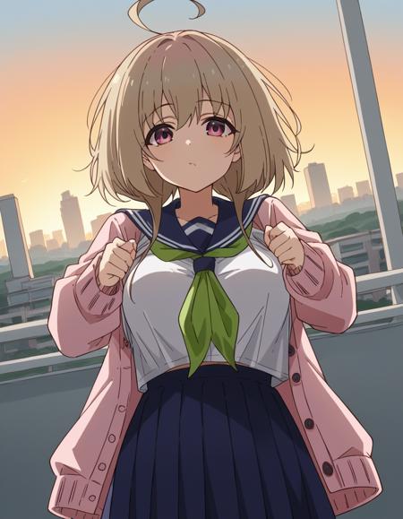 kinu tanukikouji, bangs, blonde hair, pink eyes, medium hair, sidelocks, ahoge, large breasts, skirt, shirt, long sleeves, school uniform, white shirt, pleated skirt, open clothes, serafuku, sailor collar, blue skirt, neckerchief, cardigan, blue sailor collar, open cardigan, pink cardigan, green neckerchief,