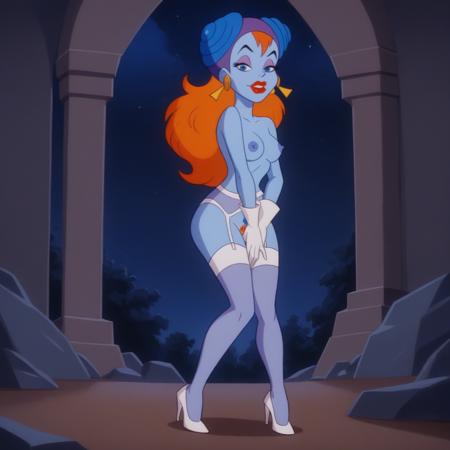 bodysuit, gloves, high heels xgwendalax, orange hair, long hair, blue eyes, makeup, lipstick, earrings 