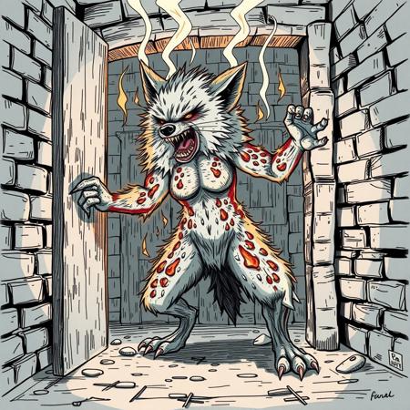 Female animal, covered with fur, anthro furry hyena slams door open, view from other side, berserk mode, in dungeon, brick walls, severe burns all over body, burned fur, in rage, in pain, foam on mouth, childish lineart sketch