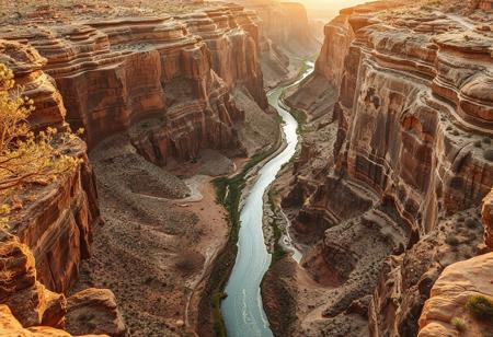 A high quality photo taken on the bottom of a beautiful canyon. a winding river runs in the center and sparse vegetation grow on the cliff wall sides. dust in the air, effortlessly chic, beautiful, artistic, serene, detailed, slightly cluttered environment. High detail, 4k, super realistic, real photo, golden hour, shot on Canon, camera, orange dreamy lighting, vibrant colors, zoomed out, god rays