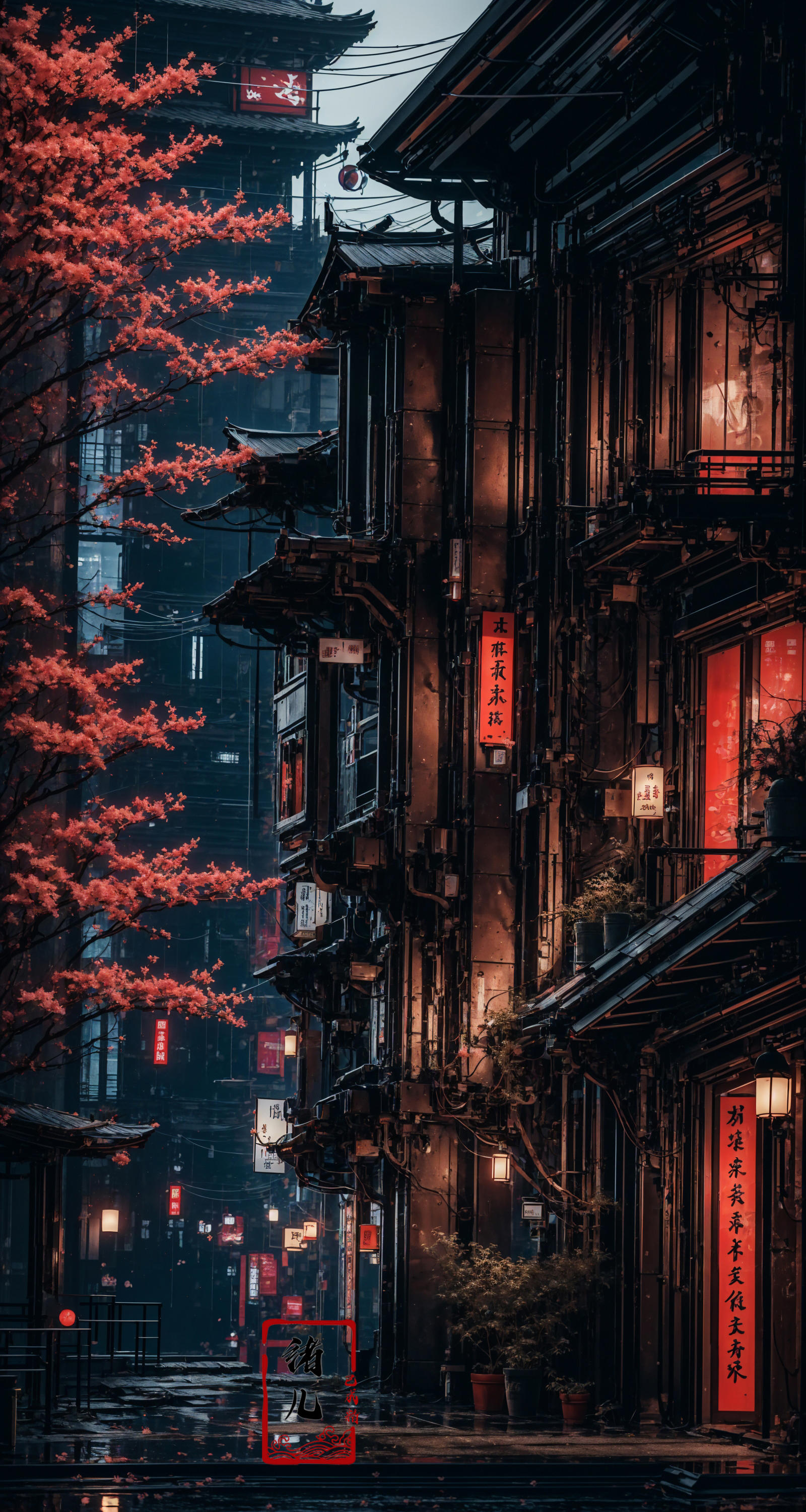 An Asian city at night with lit-up buildings and a Chinese symbol on the side.