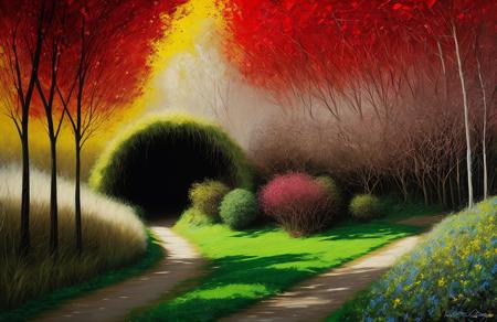 (style of Josh Adamski:1.05), scene painting,a painting,scenery, clump ,parcel ,arboretum ,thicket ,hacienda ,hedgerow, Cave/Karst ,