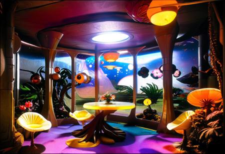 Photograph, masterpiece,best quality, of An astonishing award winning, art installation, the interior of an incredible starship, poly acrylic resin molded tree sculptures, fake plastic flowers, 1970s Brazilian Tropicalia retrofuturism, in the style of Pipilotti Rist, complex shadows, retro, science fiction style