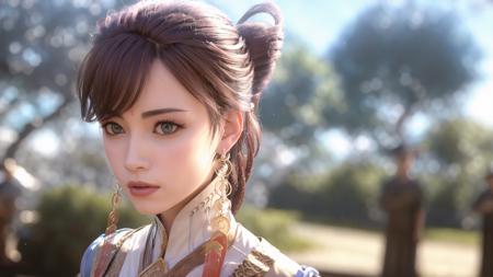 a woman with a ponytail and a bun in a video game character costume with a ponytail and a ponytail, (1girl:0.997), (blurry:1.000), (blurry background:1.000), (blurry foreground:0.999), (bokeh:0.831), (brown hair:0.880), (chinese clothes:0.894), (depth of field:1.000), (earrings:0.984), (hair ornament:0.947), (hair stick:0.888), (jewelry:0.968), (lips:0.863), (lipstick:0.688), (makeup:0.635), (motion blur:0.936), (nose:0.769), (outdoors:0.571), (solo:0.940)