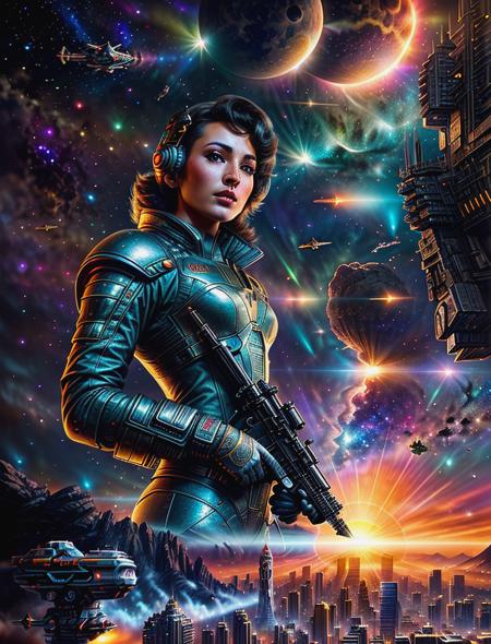 outer space, beautiful girl in a space suit, elegant, ((epic scene)), spaceship flying over city, missiles, adventure, portal, (nebula), discovery, sunset, 24mm, 4k textures, soft cinematic light, adobe lightroom, photolab, hdr, intricate, elegant, highly detailed, sharp focus, ((((cinematic look)))), soothing tones, insane details, intricate details, hyperdetailed, low contrast, soft cinematic light, exposure blend, hdr, faded, (atompunkstylesd15:.99), <lora:more_details:.6>, <lora:wowifierV3:.6>,   <lora:RetroSpaceships:.6>